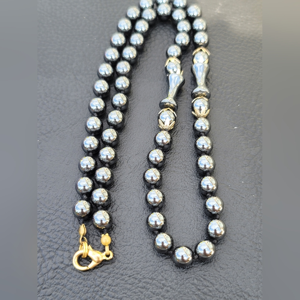 Hematite Necklace, Hand-knotted, W/ Hematite Hourglass & Gold Filigree Elements